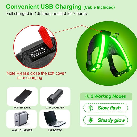Visinite LED Dog Harness, USB Rechargeable Light Up Dog Vest, 2 Illuminate Modes Glow in The Dark Dog Harness, Adjustable Lighted Pet Harness Light for Night Walking Safety (Green, S)
