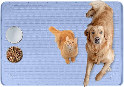 Cat Food Mat, 40" x 28" Extra Large Silicone Pet Feeding Mat with Raised Edge Pet Placemat for Food and Water Bowl Non-Slip, Easy to Clean, Floor Protection (Blue)