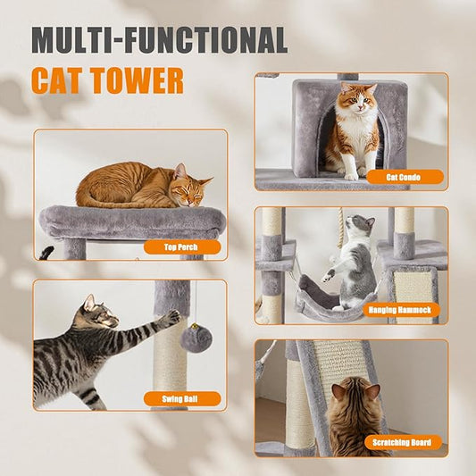 Sweetcrispy 63 inch Cat Tree Tower, Large Multi Level Cat Climbing Tower with Condo, Natural Sisal Scratching Posts, Extended Platform, Hammock, Pet House for Indoor Cats and Kittens Play, Grey