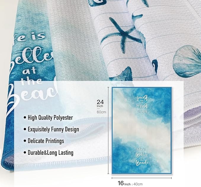Kitchen Towels for Women- Funny Joked Life is Better at The Beach Saying Microfiber Bar Tea Towel, for Mom Friends Hostess New Home on Birthday Christmas-Blue 16" x 24"