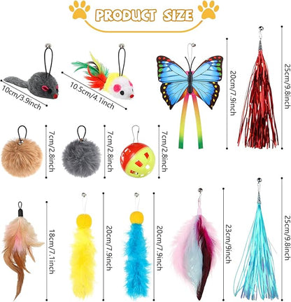 QUOZUO Cat Toys Replacement Cat Toy Wand Refills, 12 Pcs Cat Feathers Refill, Cat Toy Mouse Cat Wand Refill Attachments for Indoor Cats