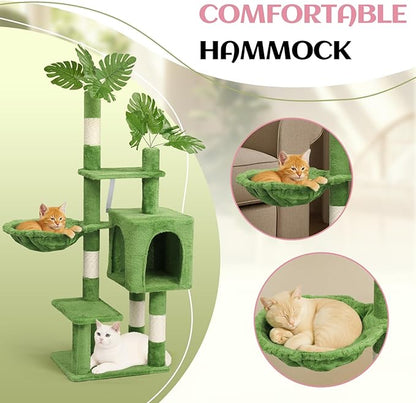 Outvita Cat Tree 48in Monstera Cat Tower with Leaves, Multi-Level Cat Tree Tower with Condo, Cozy Plush Hammock, Dangling Toy, Sisal Scratching Posts, Large Pet Activity Center for Indoor Cats, Green