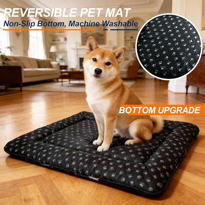 Washable Dog Bed Mat With Anti-Slip Bottom, Deluxe Plush Memory Foam Crate Pad & Waterproof Outdoor Kennel Mat For Dogs & Cats-Durable Crates Beds, Large Medium Small Puppy Size 36" x 24",Blue