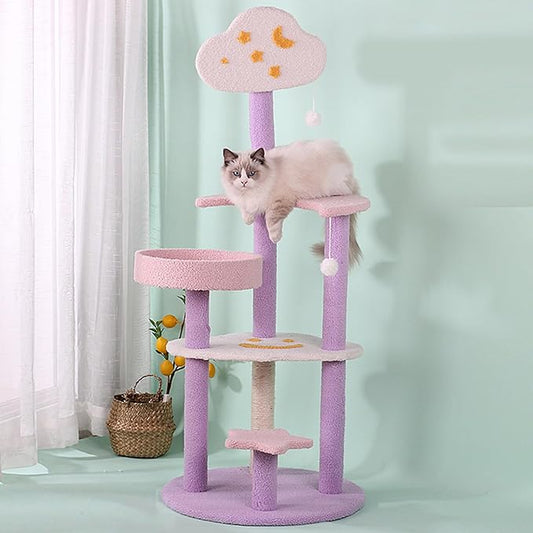 Moon Star Cat Tree, 47 in Tall Cat Cloud Tower with Cattery Sisal Scratching Post, Pink Purple Kittie Condo Cozy Fluffy 3 Pillars Kitten Tree for Small Meduim Cats Climbing Indoor Activity