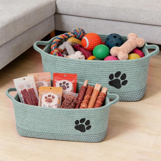 Set of 2 Woven Dog Toys Basket,Green Baskets for Dog Cat Toy,100% Cotton Rope Pet Toy Bin with Handles,Puppy Bed,Dog Storage Organizer for Toys,Collar,Leash,Nursing Supplies