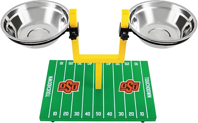 NCAA Oklahoma State Cowboys Goalpost Football Field Dog Feeder – Adjustable Elevated Dog Bowls with Stand, 2 Stainless Steel Bowls, Non-Slip Rubber Feet, Raised Pet Feeder for Large & Small Dogs