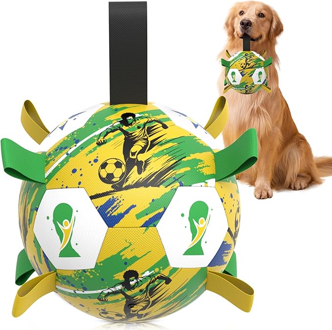HETOO Dog Toys Ball, Dog Soccer Ball with Straps, Herding Ball for Large Medium Dogs, Rubber Bright Color Tug of War Interactive Toy, Water & Pool Play, for World Cup 2026 Theme, 8 inch