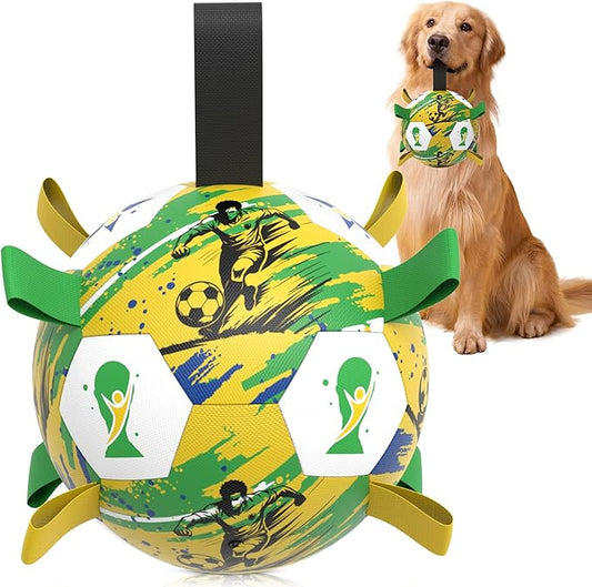 HETOO Dog Toys Ball, Dog Soccer Ball with Straps, Herding Ball for Large Medium Dogs, Rubber Bright Color Tug of War Interactive Toy, Water & Pool Play, for World Cup 2026 Theme, 8 inch