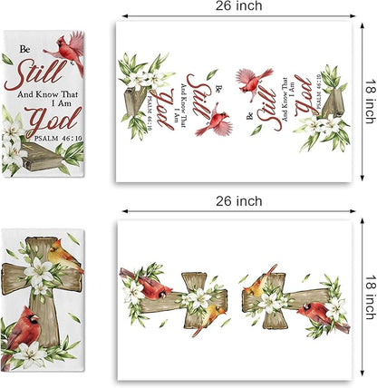 Christian Cardinal Kitchen Dish Towels Set of 2, Religious Cross Red Birds Drying Hand Towel Baking Cooking Cloth, Lily Flowers Holy Bible Home Decoration 18 x 26 Inches