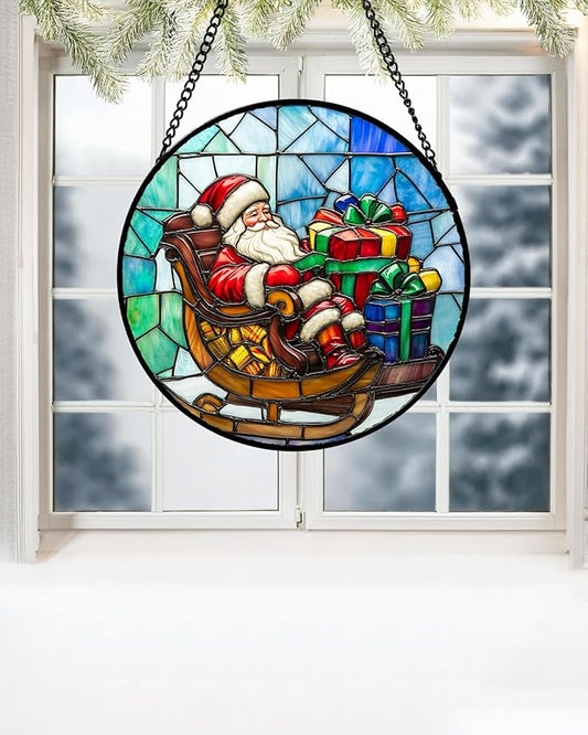 Stained Glass Window Hanging - Santa Claus Gift BoxSuncatcher for Doors Home Christmas Decoration Winter Sun Catcher Thanksgiving New Year Birthday Gift for Women Men Mom Nana 11.8 in