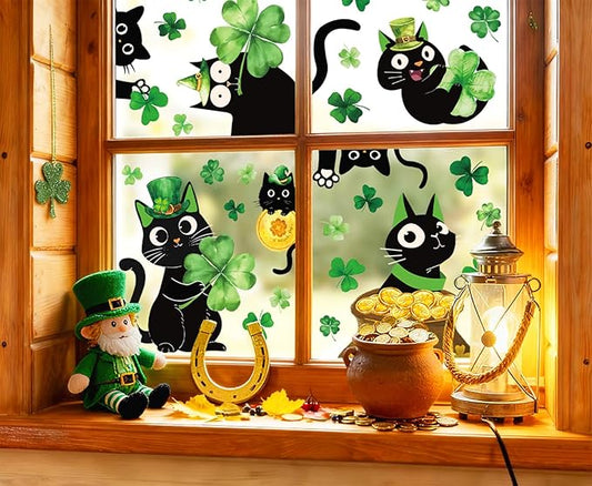 Whaline 6 Sheets St. Patrick' s Day Window Clings Black Cat Green Shamrock Clover Window Decal Reusable Anti-Collision Windows Decor for Irish Holiday Party Supplies
