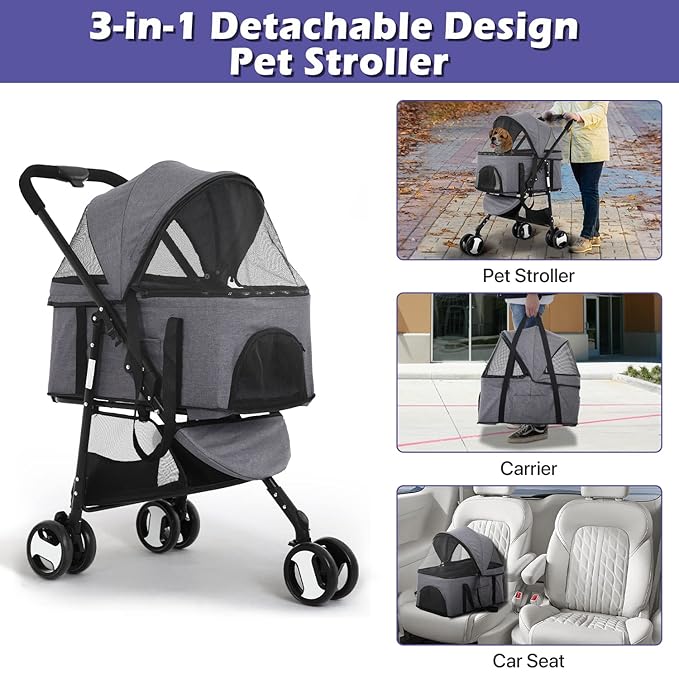 3-in-1 Folding Pet Stroller 3 Wheels Dog Cat Stroller with Detachable Carrier, Grey
