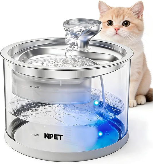 NPET N280 Glass Cat Water Fountain - 2.8L Automatic, Ultra-Quiet Pump with Stainless Steel Tray, Easy to Clean & Eco-Friendly for Cats and Dogs