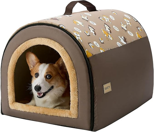 Jiupety Indoor Dog House, 2-in-1 Portable Foldable House Bed with Cover, Pet Tent & Cave Bed for Medium Dogs, XL(28"×21"×19"), Up to 40 Lb, Brown