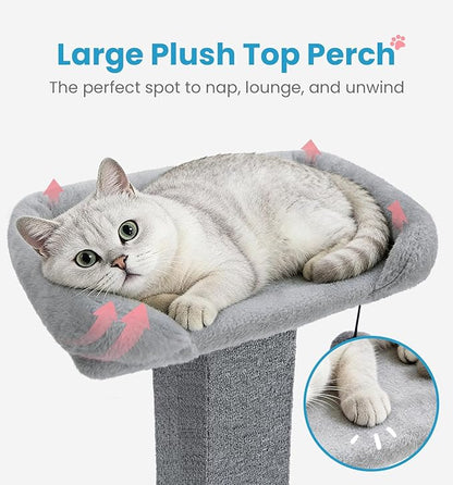 Made4Pets Cat Scratching Post with Bed, 32'' Modern Cat Scratcher with Top Plush Cat Bed, Tall Cat Scratch Post for Indoor Cats, Heavy-Duty Carpet Scratching Post with Hanging Ball Toy, Grey