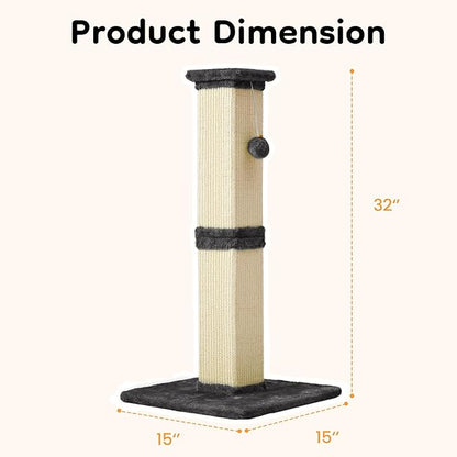 32" Tall Cat Scratching Post, Cat Scratcher with Heavy Duty Thick Wood Base, Cat Tower with Natural Sisal Rope and Hanging Ball, Plant-Like Design Scratching Post, for Small and Adult Kittens, Grey