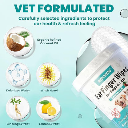 Ear Cleaner Finger Wipes 120 Counts, Dog Ear Cleaner, Grooming Kit Care for Dogs and Cats, Soft & Easy Otic Cleaning Pads, Remove Wax, Dirt & Stop Smelly, Itchy, Non-Irritating, Unscented