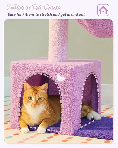 MUTTROS Purple Flower Cat Tree for Small Indoor Cats w/Large Metal Frame Hammock, 35" Cute Cat Tower with Sisal Scratching Posts, Cozy Condo with Cloud White Bed for Kittens