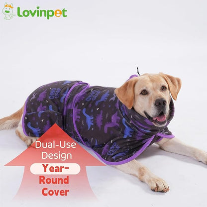 LovinPet 3‑in‑1 Dog Warm Winter Coat & Bathrobe, Hooded Dinosaur Fleece, Lightweight High‑Loft, Absorbent Knit, Quiet Hook‑and‑Loop, Wind‑Blocking Edges, Dog Robes for Medium & Large Dogs, Black,L