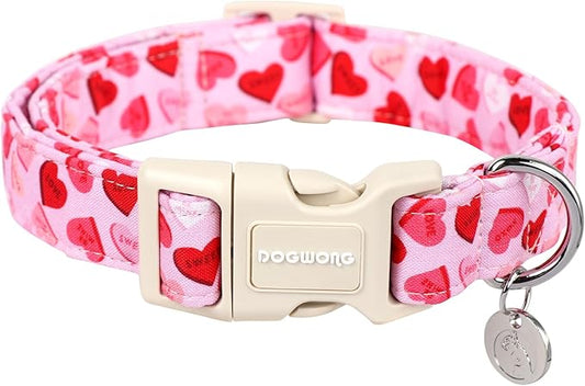 DOGWONG Valentine's Dog Collar - Pink Heart Adjustable Cotton Heart Dog Collar - Perfect for Small to Medium Dogs