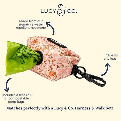 Lucy & Co. Dog Poop Bag Holder - Leak Proof Dispenser with Leash Attachment - Easy Refills - Hygienic Pet Poop Pickup - Peach Pink Floral Plaid