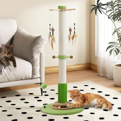 Cat Scratching Post, 38 Inch Tall Scratching Posts for Indoor Cats Adults and Kittens, Sisal Cat Scratch Post with Rotatable Hanging Toys, Rubber Brush, Mint Balls and Interactive Wooden Ball Track