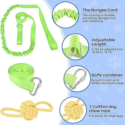 Dog Bungee Tug Toy, Hanging Tether Tug of War for Various of Dogs to Exercie and Play, Outdoor Retractable Dog Rope with Cotton Chew Toy (Green Strap)