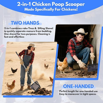 Chicken Poop Scooper & Rake 2-in-1,304 Stainless Steel Shovel Head, Chicken Litter Scoop with Handle for Chicken Coop & Pet Waste Cleaning, Litter Sifting Shovel (35 to 65") (Black, 10inch)