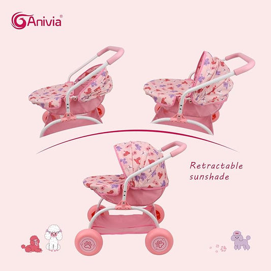 ANIVIA Doll Stroller Toy Realistic Doll Stroller Heart Design Gifts for Toddlers and Girls Foldable Baby Doll Stroller Toy