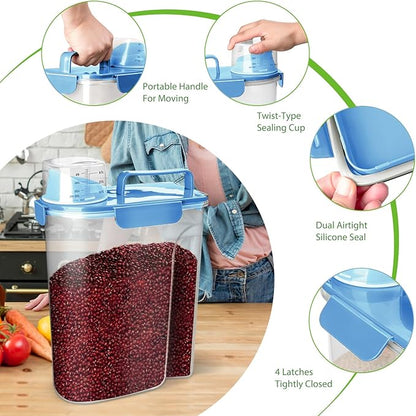 Rice Storage Container, 5 to 10lb Dry Food Airtight Dispenser, Pet Dog Cat Food Canister, BPA Free Clear Plastic Kitchen and Pantry Bin for Oatmeal, Cereal, Pasta, Flour Pack of 2 Blue