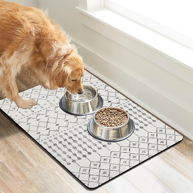Dog Food Mats for Floors Absorbent, Cat Food Mat - Pet Cat Feeding Mat Quick Dry, Dog Bowl Mats for Water, Pet Supplies Feeding Placemat 16" x 24" White Boho