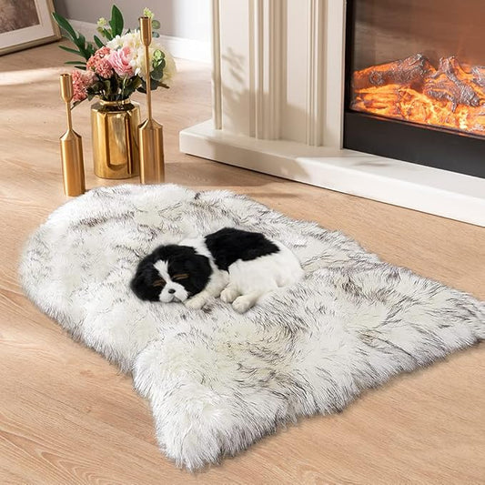 Asrug Faux Fur Dog Rug Plush and Fluffy Dog Mat Ultra Cozy Pet Throw Rug for Dogs Cats, Luxury Soft Faux Sheepskin Chair Seat Pad Shag Fur Area Rugs for Bedroom, 24 by 36 inches (Black&White)