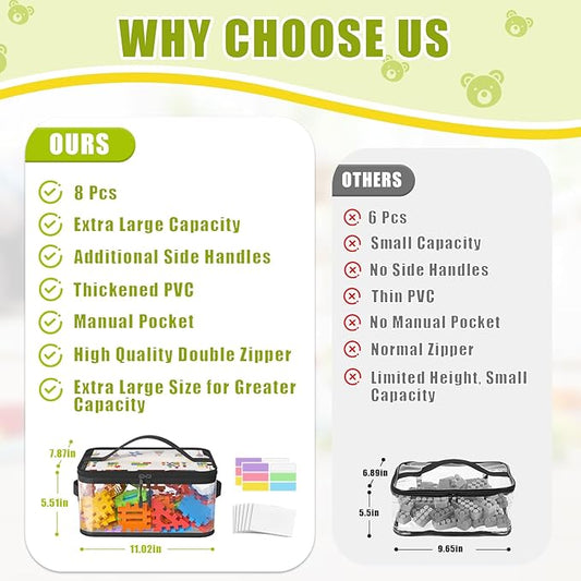 8 Packs Large Toy Storage Bags with Labels, Reusable Clear PVC Board Game Storage, Travel Waterproof Toy Organizer Bags with Name Tag and Manual Pocket for Building Blocks, Puzzle, Kids Books