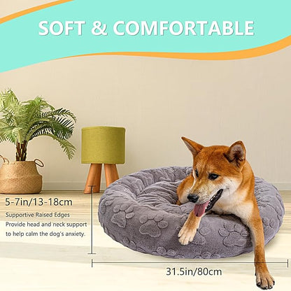 31 Inch Calming Dog Bed for Medium Dogs, Round Anti-Anxiety Warm Bed, Soft Cozy Anti-Slip Donut Washable Pet Bed, Fits up to 50 lbs Pets