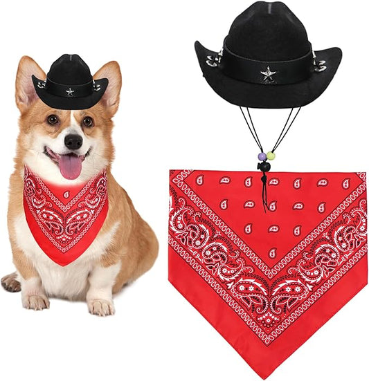 GOYOSWA Dog Halloween Costumes, Dog Cowboy Costume Halloween Pet Cowboy Hat Bandana Scarf for Small Medium Large Dogs Pets (Black Hat & Red Bandana, Small)
