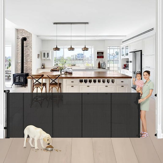 Reinforced 42” Tall x 100” Extra Wide Retractable Baby Gates for Doorways Extra Tall Pet Gate with Rods to Prevent Crawling Through, Dog Gate for Large Openings Extra Long Mesh Gate, Black