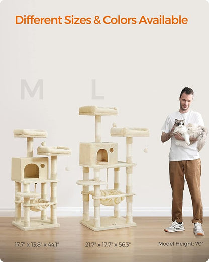 Feandrea Cat Tree, 44.1-Inch Cat Tower for Indoor Cats, Multi-Level Cat Condo with 11 Scratching Posts, 2 Perches, Cave, Hammock, Beige UPCT215M01