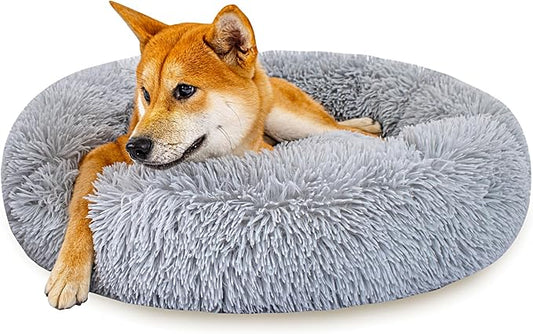 Calming Dog Bed for Medium Dogs Cats, Puppy 31'' Round Anti-Anxiety Warm Fluffy Plush Faux Fur Bed, Soft Anti-Slip Donut Washable, Cozy Medium Puppy Bed, Fits up to 50 lbs Pets