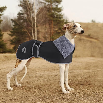 Geyecete Dog Winter Coat Geyecete Greyhound Raincoat Fabric with Lamb Velvet Inside Outdoor Dog Apparel with Adjustable Bands for Medium, Large Dog-Black-XL