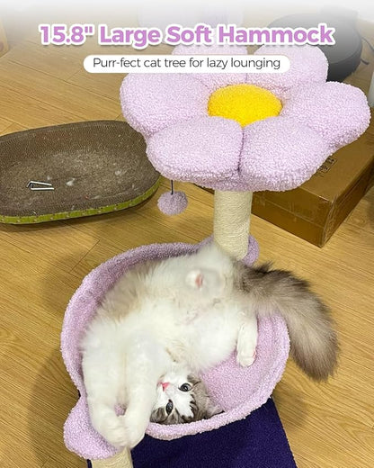 MUTTROS Flower Cat Scratching Post, 28" Cute Cat Tree Tower for Indoor Cats with Large Hammock Soft Perch Bed, Replaceable Toy Ball for Kittens, Purple