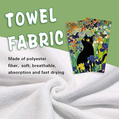 Spring Summer Black Cat Floral Kitchen Dish Towels Set of 2, Iris Flower Butterfly Drying Hand Towel Baking Cooking Cloth, Wildflower Bathroom Home Decoration Pet Cat Owner Lover Gift 18''x26''