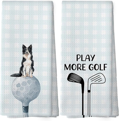 Golf Dog Kitchen Towels - Border Collie Dish Towels, Sports Gifts, Pet Golf Club Decorative Absorbent Dishcloths Hand Towels Set of 2 for Spa Kitchen Gym Decor 16x24 Inches