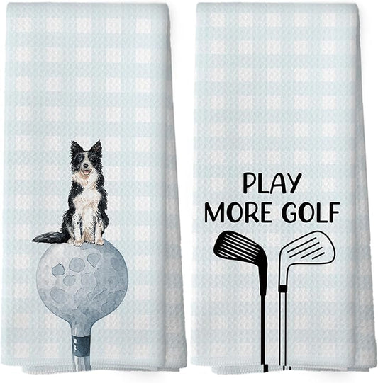 Golf Dog Kitchen Towels - Border Collie Dish Towels, Sports Gifts, Pet Golf Club Decorative Absorbent Dishcloths Hand Towels Set of 2 for Spa Kitchen Gym Decor 16x24 Inches