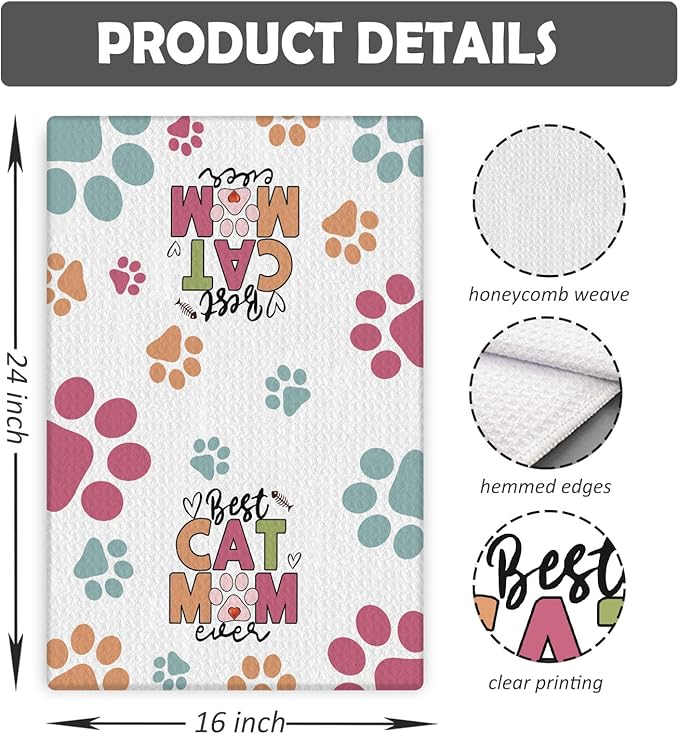 Best Cat Mom Ever Kitchen Towels, Cat Mom Lady Lover Gifts for Women, Cute Kitty Kitten Paw Decorative Dish Tea Hand Towels for Kitchen Bathroom, 16x24 Inches(Style B)