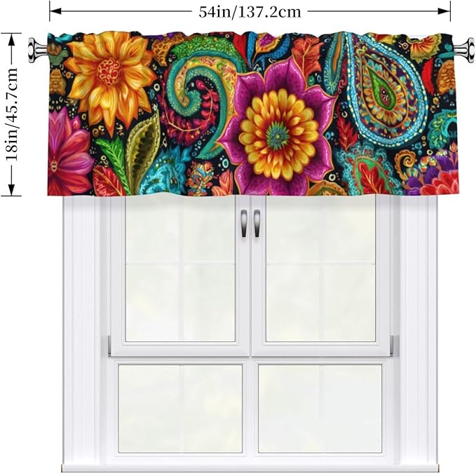 Worltoldb Boho Floral Curtain Valance Short Rod Pocket Window Treatment for Living Room Bedroom Kitchen Bathroom 1 Panel 54" W x 18" L
