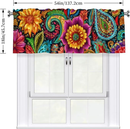 Worltoldb Boho Floral Curtain Valance Short Rod Pocket Window Treatment for Living Room Bedroom Kitchen Bathroom 1 Panel 54" W x 18" L