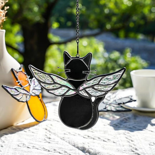 Black Angel Cat Memorial Gifts for Cat Lover,Stained Glass Window Hanging,Angel Wing Black Cats Suncatcher Decor,Cats Death Sympathy Gifts for Women,Daughter,Mothers Day,Christmas