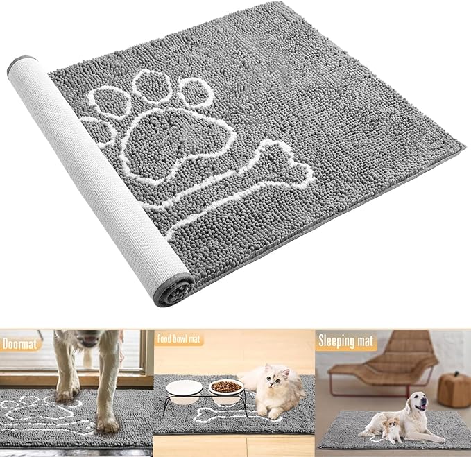 AROGAN Doormat Dog Chenille Doormats Indoor Entrance Grey, Pet Door Mats Washable for Mud Entry Busy Area Dogs Muddy Pawprints 36x24 Inch