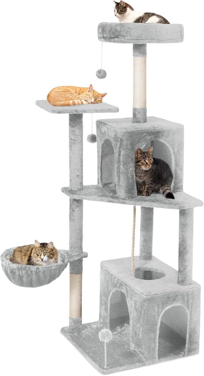 Cat Tree, 54-Inch Cat Tower for Indoor Cats, Soft Plush Multi-Level Climbing Cat Condo with Scratching Posts, Basket, Perches,2 Caves,2 Pompoms Play House for Cat (Light Grey01)