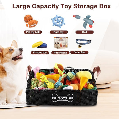 Pet Dog Toy Basket with handle,Trapezoid Puppy Toy Bin,collapsible Poly Wicker Storage Basket,Dog Storage Organizer for Leash Blanket Collar-Natural Farmhouse-Easy Access